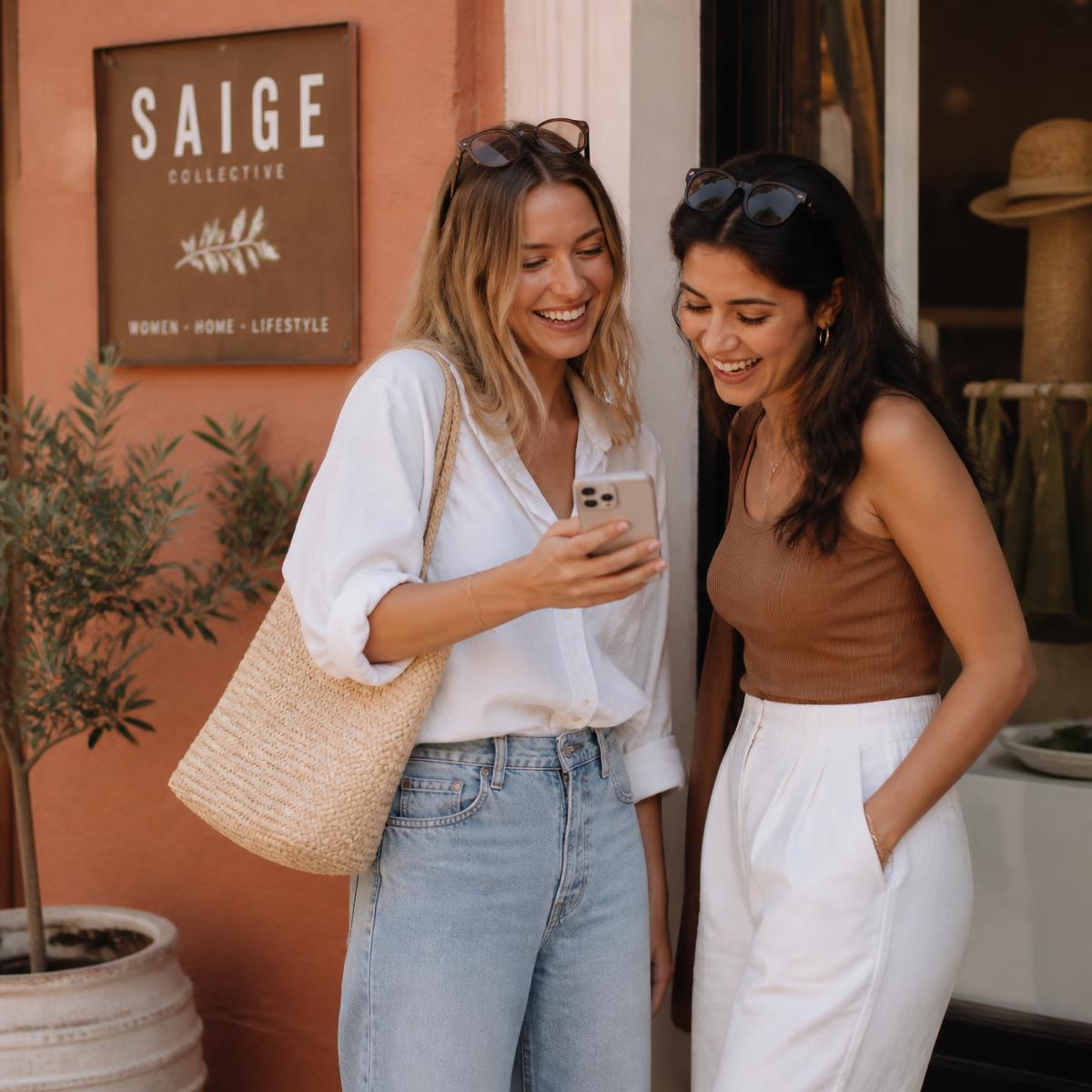 Two friends laughing while sharing a local business offer on a phone